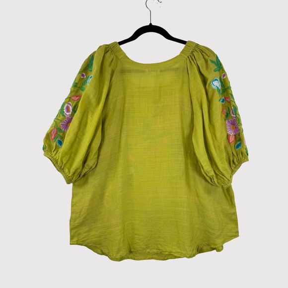 Sundance Womens Top Green Embroidered Floral Ramie 3/4 Sleeve Blouse Boho Large - Picture 3 of 11